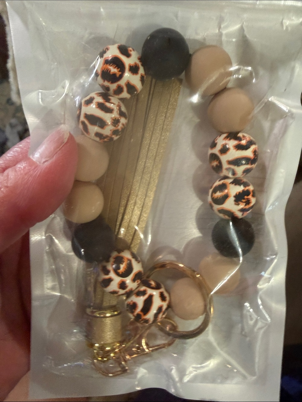 Beaded Leopard Print Wristlet Keychain - Beige & Black